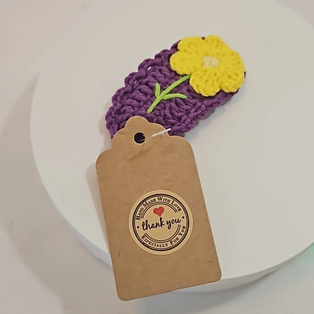 Hand Crafted crochet hair clip handmade  purple with yellow flower snap clip bow